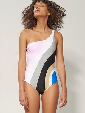 Mara Hoffma Cher One Piece Swimsuit Large Pink Gray White Black